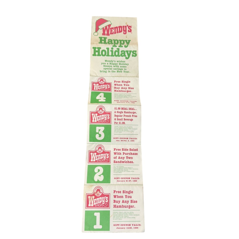 Vintage Wendys Coupon Sheet 1985 Happy Holidays Red Green Fair 80s Advertising